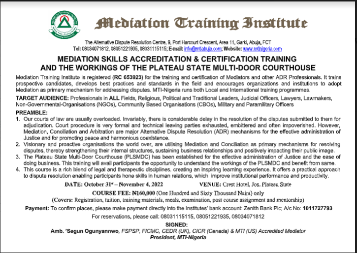 MEDIATION SKILLS ACCREDITATION & CERTIFICATION TRAINING AND THE WORKINGS OF THE PLATEAU STATE MULTI-DOOR COURTHOUSE